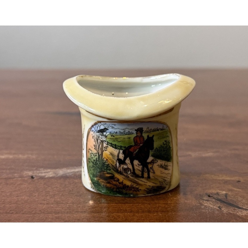 Vintage Top Hat Toothpick Holder 2" Painted Scene Victoria Hunting Equestrian